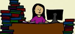 Cartoon of woman studying at a desk piled with books