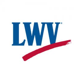 Blue LWV text with red swoosh on white background