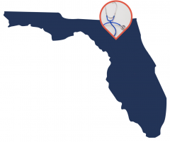 Blue outline of State of Florida with callout with stethoscope over Alachua County