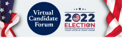 Patriotic sign with flags on sides and virtual candidate forum in blue circle