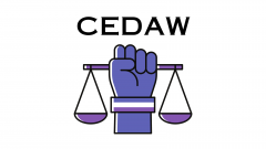 A graphic of a fist holding scales with CEDAW text along the top
