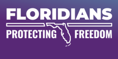 Floridians Protecting Freedom logo white text and graphics on a purple background