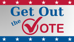 Get Out the Vote in blue and red text on a gray to white background with a red bar with white stars along the top and blue bar with white stars along the bottom