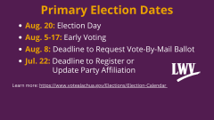 Primary Election Dates yellow and white text on purple background
