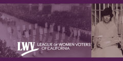 historical photos of LWV members marching; and woman sitting in cell