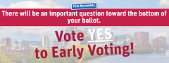 transparent image of Hartford with "Vote YES to early voting" written over top