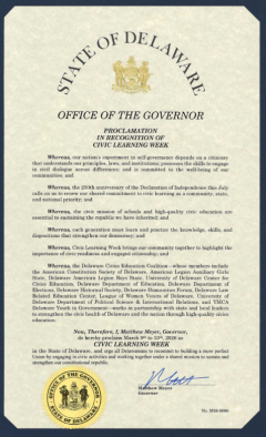 Official March 2026 Civic Learning Week proclamation from the Delaware Governor's office is shown