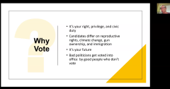 "Why Vote?" presentation slide is shown (several reasons listed)
