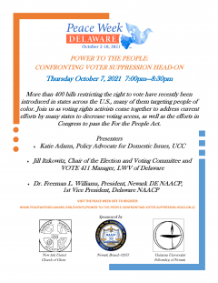 Peace Week Delaware flyer for 10/7/2021 Voter Suppression forum