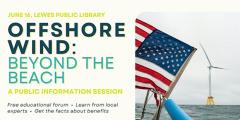 Photo of American Flag and Wind Turbine; labeled Offshore Wind: Beyond the Beach