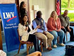 LWVEUP forum panelists Dana Nessel, Aghogho Edevbie, Allison Youngs, and John Petkus