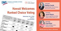 Image of sample ranked choice voting ballot with event title, "Hawaii Welcomes Ranked Choice Voting," and headshots of three speakers smiling - Nathan Smith, Janet Mason, and Chad Blair.