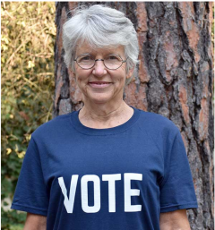 Susan Hales wearing Vote shirt