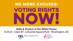 Voting Rights Now Rally text and details over gold and white background