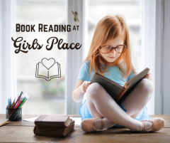 Girl sitting cross-legged on a desk reading a book with "Book Reading at Girl's Place" text overlay