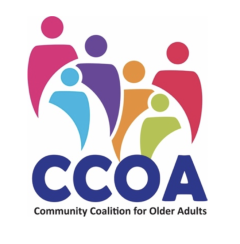 CCOA Logo of colorful abstract cartoon people figures with CCOA in blue font and Community Coalition for Older Adults in black font below