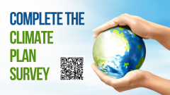 Complete the Climate Plan blue and green text next to QR Code and caucasian hands holding blue and green globe
