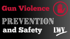 Red Gun Violence text with white Prevention and Safety text on black to gray background with red circle around a hand on the left