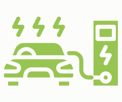 Green graphic of electric vehicle plugged into charging station