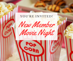 movie theater popcorn with text overlay You're Invited! New Member Movie Night