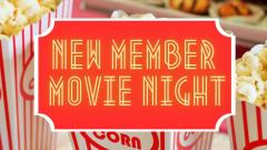 Popcorn in the background with New Member Movie Night text overlay