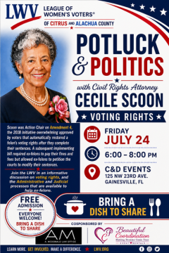 Potluck and Politics event with Cecile Scoon on July 24th and 6pm 