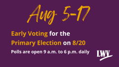 Early voting for Florida's Primary Election on 8.20 white and gold text on a purple background