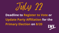 Deadline to register to vote for primary election in gold and white text on purple background