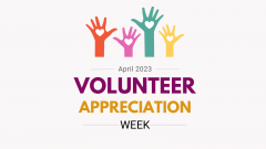 Multi-colored hand graphics with heart cut out in palm with April 2023 Volunteer Appreciation Week text