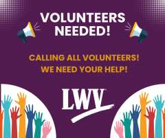 Volunteers needed white and gold text on purple background with multi-color hands raised and megaphone graphics