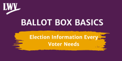 Ballot Box Basics.  Election Information every voter needs.  League of Women Voters Logo