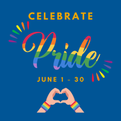Celebrate Pride Month June 1-30 Rainbow colored hand forming a heart