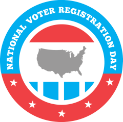 logo for national voter registration day.  red white and blue with large outline of the united states