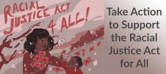 Text states “Racial Justice Act 4 All!” over a mother embracing child under cherry blossom tree