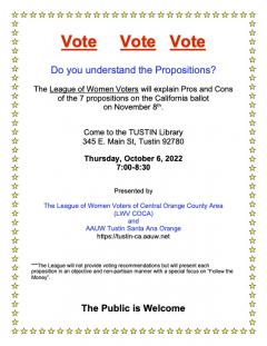 League of Women Voters will explain California state ballot propositions