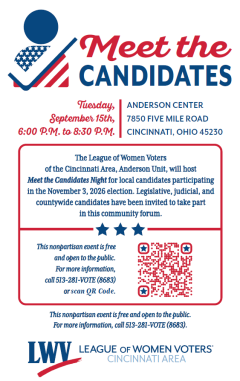 Flyer for meet the candidate night September 15 at Anderson Township Center