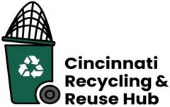 A recycling container next to text "Cincinnati Recycling & Reuse Hub"