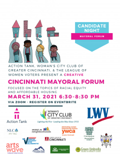 Mayoral Candidates' Night will be livestreamed on our facebook page 6:30-8:30pm. The graphic lists all sponsoring organizations.