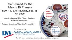 Flyer for virtual presentation about the March Primary, to take place on February 15