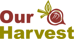 "Our Harvest" in maroon and green with a beet beside the words