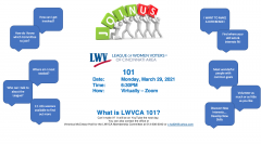 The graphic shows the committees of the LWVCA in callout boxes.