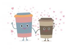 Two cartoon coffee cups smile and hold hands