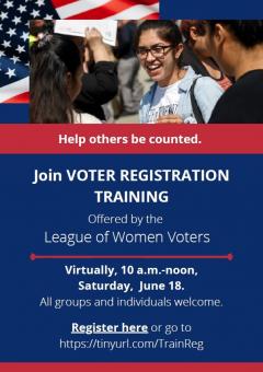 Flyer for Voter registration training event in red and blue, with picture of people smiling