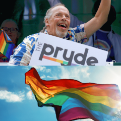 Man holding a sign saying "Pryde" and a Pride flag