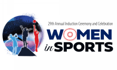29th Annual Women in Sports Logo w/ women playing sports in silhuette on the right and logo text on the left
