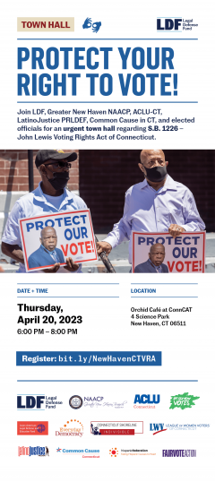 Event for voting rights town hall with two men wearing face masks holding signs that say "protect your vote" with an image of the late Senator John Lewis