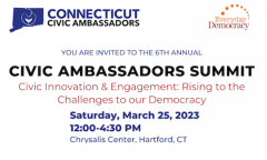 Event flyer for everday democracy civic ambassador summit on march 25