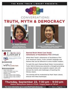 Flyer for Banned Book Week conversation on Huckleberry Finn