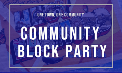 blue background and white text reading "community block party"