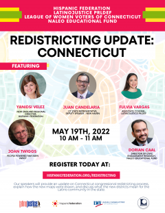 Multicolored flyer showing and naming 5 speakers for an upcoming event on May 19, 2022 on redistrictong in CT
